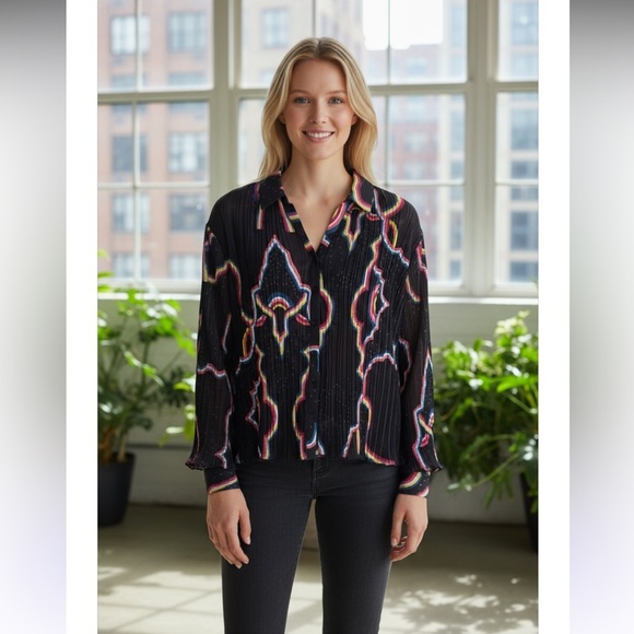 Catherine Malandrino Retro Black Crinkle Button-Down Long Sleeve Blouse … - Picture 1 of 14